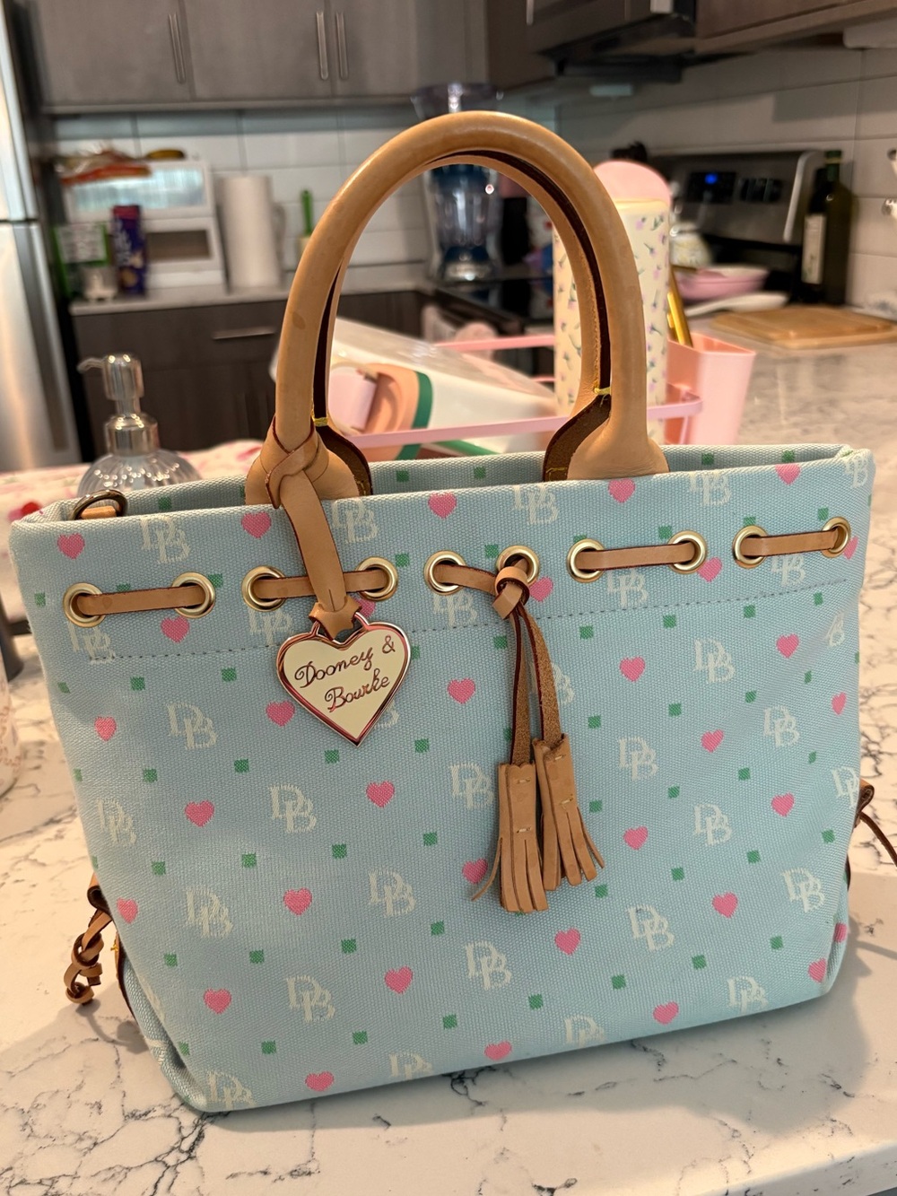 Vintage Y2K Dooney & Bourke Pastel Blue Heart Print DB monogram mini tote bag